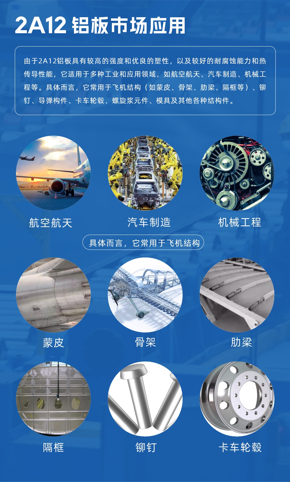 2A12鋁板產品用途

由于2A12鋁板具有較高的強度和優良的塑性，以及較好的耐腐蝕能力和熱傳導性能，它適用于多種工業和應用領域，如航空航天、汽車制造、機械工程等。具體而言，它常用于飛機結構（如蒙皮、骨架、肋梁、隔框等）、鉚釘、導彈構件、卡車輪轂、螺旋漿元件、模具及其他各種結構件。
