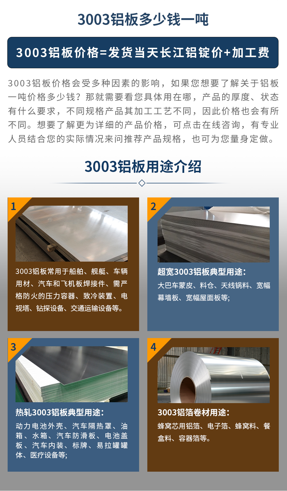 3003鋁板用途介紹
　　3003鋁板常用于船舶、艦艇、車輛用材、汽車和飛機板焊接件、需嚴格防火的壓力容器、致冷裝置、電視塔、鉆探設備、交通運輸設備等。超寬3003鋁板典型用途：大巴車蒙皮、料倉、天線鍋料、寬幅幕墻板、寬幅屋面板等;熱軋3003鋁板典型用途：動力電池外殼、汽車隔熱罩、油箱、水箱、汽車防滑板、電池蓋板、汽車內裝、標牌、易拉罐罐體、醫療設備等;3003鋁箔卷材用途： 蜂窩芯用鋁箔、電子箔、蜂窩料、餐盒料、容器箔等。